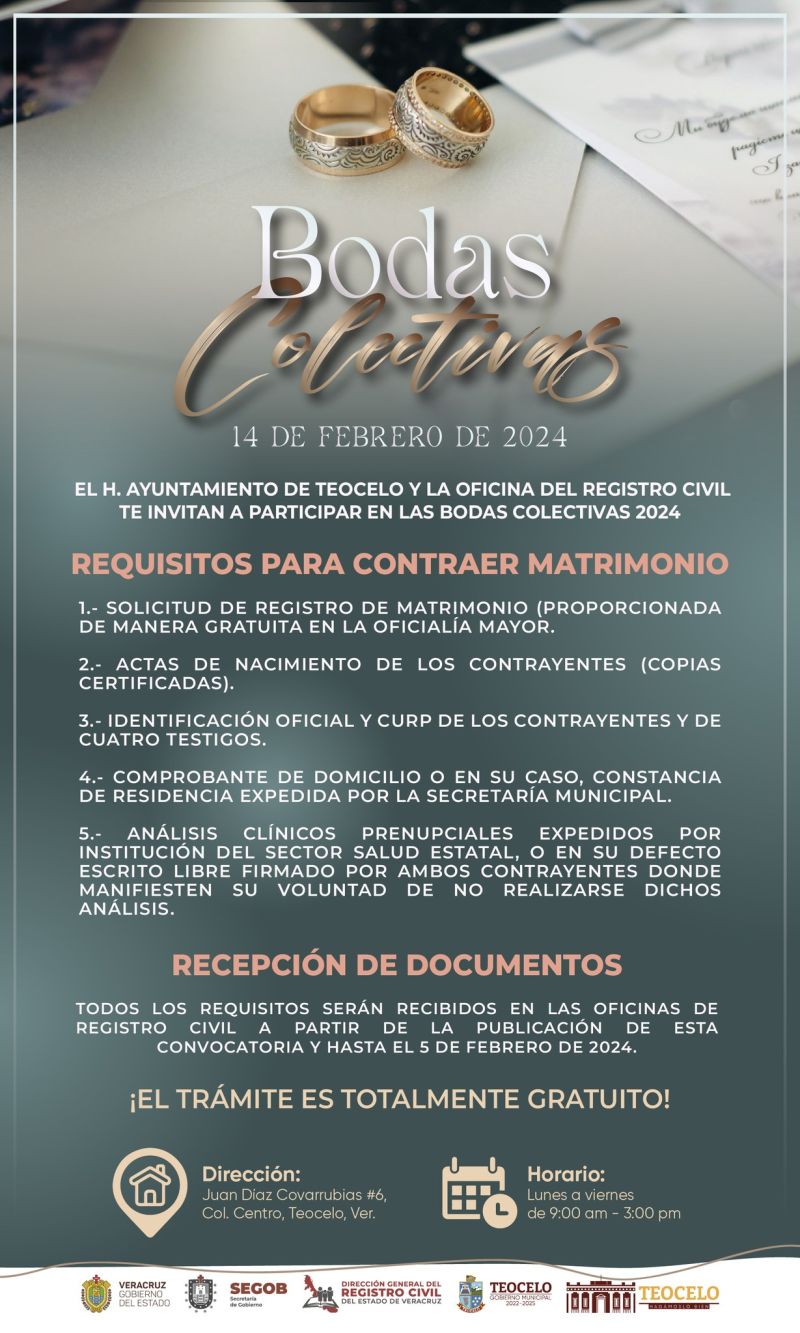 El Gobierno Municipal de Teocelo, en colaboración con la Oficina de Registro Civil, tiene el placer de invitarlos a participar en las Bodas Colectivas que se llevarán a cabo este próximo 14 de febrero.